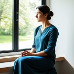 A professional woman in her 30s, wearing modest, fully clothed, and professional natural fabric attire, sits calmly in a sunlit, uncluttered room. She is looking out a large window that frames a serene, gentle natural landscape. Her posture is relaxed, conveying deep introspection and a sense of inner peace. The atmosphere is quiet and contemplative. safe for work, appropriate content, family-friendly, perfect anatomy, correct proportions, natural pose, well-formed hands, proper finger count, natural body proportions, professional photography, high quality.