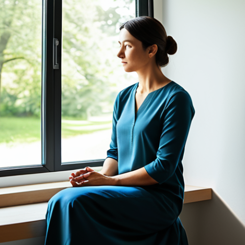 A professional woman in her 30s, wearing modest, fully clothed, and professional natural fabric attire, sits calmly in a sunlit, uncluttered room. She is looking out a large window that frames a serene, gentle natural landscape. Her posture is relaxed, conveying deep introspection and a sense of inner peace. The atmosphere is quiet and contemplative. safe for work, appropriate content, family-friendly, perfect anatomy, correct proportions, natural pose, well-formed hands, proper finger count, natural body proportions, professional photography, high quality.