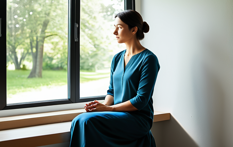 A professional woman in her 30s, wearing modest, fully clothed, and professional natural fabric attire, sits calmly in a sunlit, uncluttered room. She is looking out a large window that frames a serene, gentle natural landscape. Her posture is relaxed, conveying deep introspection and a sense of inner peace. The atmosphere is quiet and contemplative. safe for work, appropriate content, family-friendly, perfect anatomy, correct proportions, natural pose, well-formed hands, proper finger count, natural body proportions, professional photography, high quality.