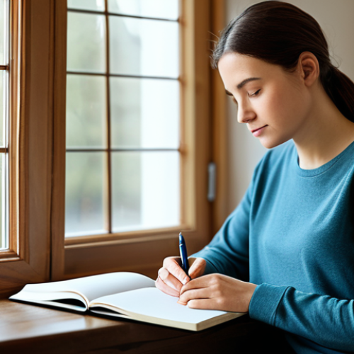자기 수용을 위한 회복탄력성 기르기 - **

"A serene woman journaling indoors, fully clothed in modest casual wear, natural lighting, soft ...
