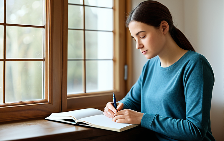 자기 수용을 위한 회복탄력성 기르기 - **

"A serene woman journaling indoors, fully clothed in modest casual wear, natural lighting, soft ...