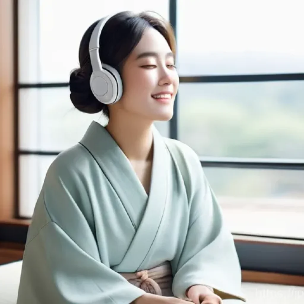 자기 수용 훈련 영상 추천 - **Prompt:** A young Japanese woman, fully clothed in comfortable, soft-colored attire, sits peaceful...