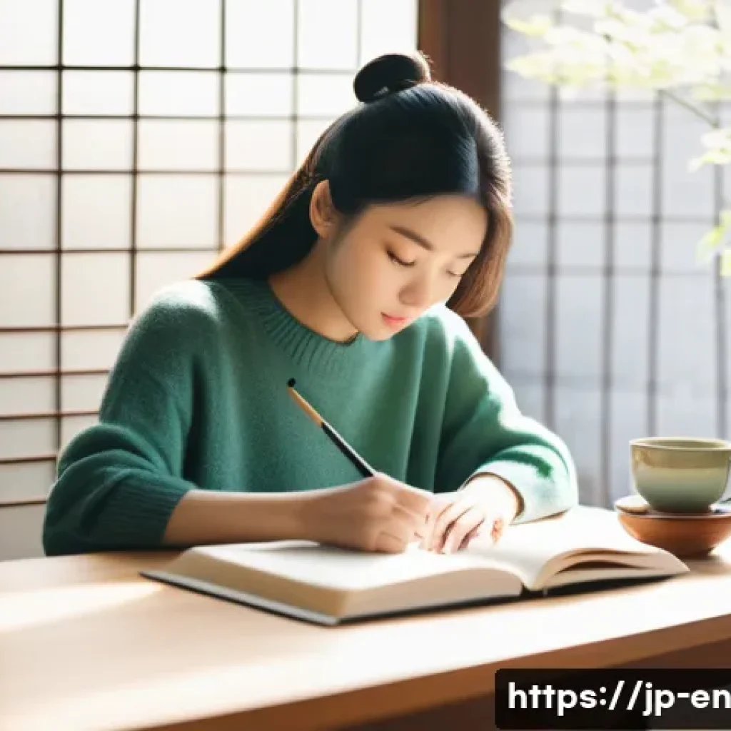 자기 수용을 위한 사고의 전환 기법 - **Prompt:** A serene young Japanese woman in her late 20s sits at a minimalist desk, bathed in soft ...
