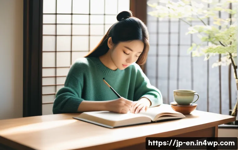 자기 수용을 위한 사고의 전환 기법 - **Prompt:** A serene young Japanese woman in her late 20s sits at a minimalist desk, bathed in soft ...