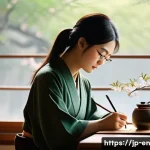 자기 수용을 위한 실천적 경험 나누기 - A serene Japanese-style room bathed in soft morning light, featuring a young Japanese woman sitting ...