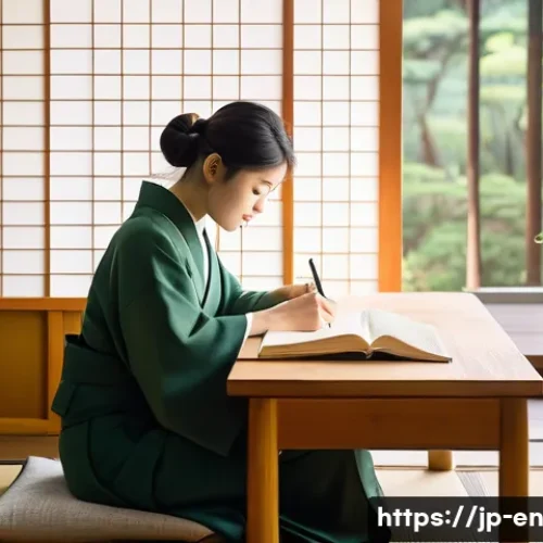 자기 수용을 위한 자기 인식 훈련 - A serene Japanese-style room with a young Japanese woman in casual modern clothing sitting at a low ...