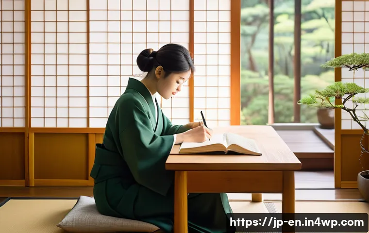 자기 수용을 위한 자기 인식 훈련 - A serene Japanese-style room with a young Japanese woman in casual modern clothing sitting at a low ...