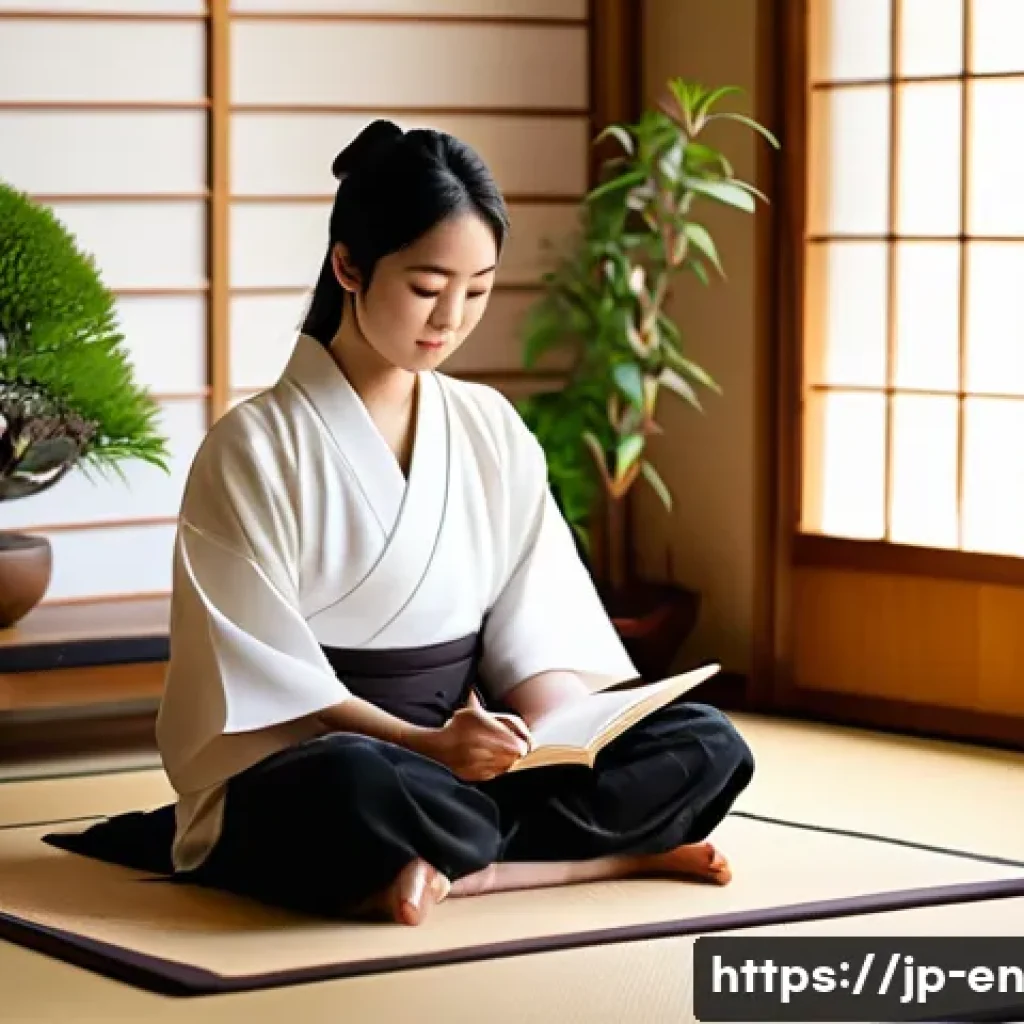 자기 수용을 위한 체계적인 접근법 - A serene Japanese-style room with soft natural lighting filtering through shoji screens, a young adu...