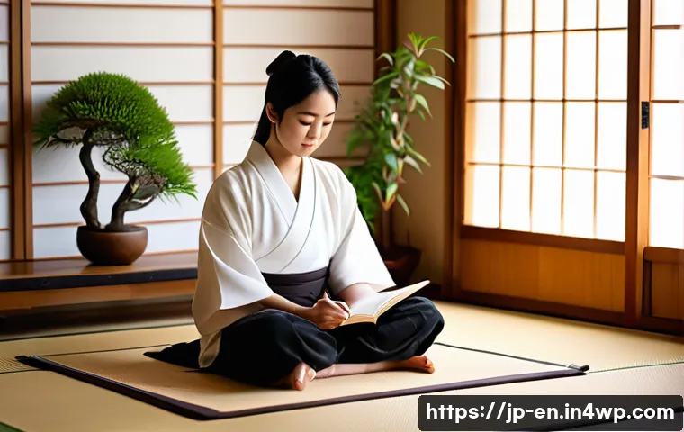 자기 수용을 위한 체계적인 접근법 - A serene Japanese-style room with soft natural lighting filtering through shoji screens, a young adu...