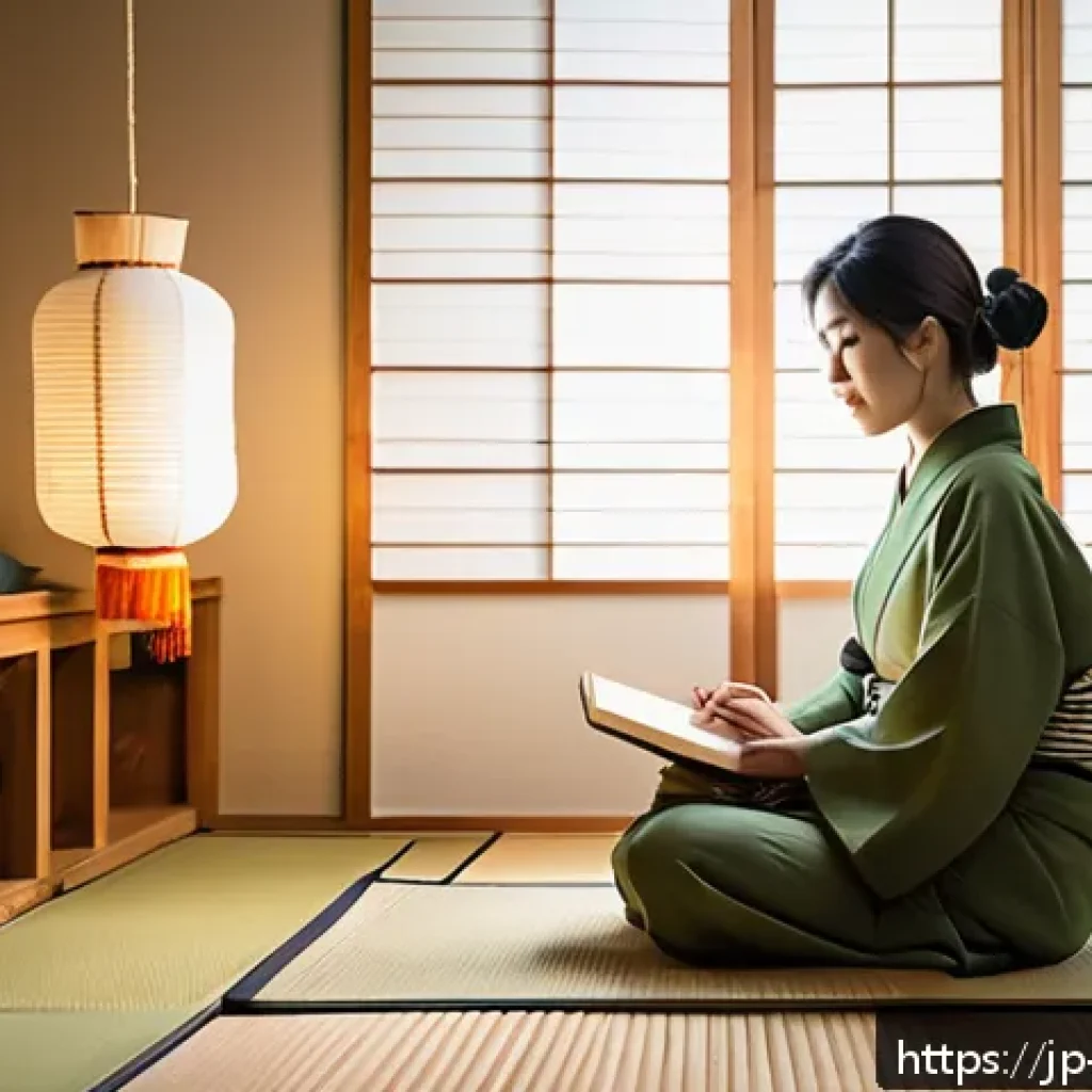 자기 수용의 사회적 편견 극복하기 - A serene and cozy Japanese-style bedroom interior at dusk, featuring a young Japanese woman sitting ...