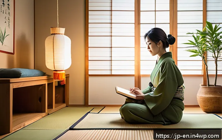 자기 수용의 사회적 편견 극복하기 - A serene and cozy Japanese-style bedroom interior at dusk, featuring a young Japanese woman sitting ...