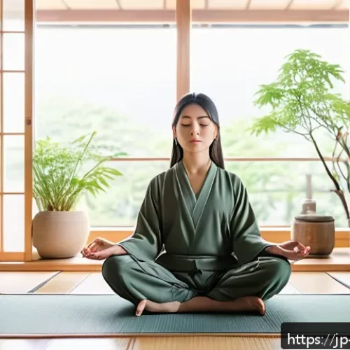 자기 수용을 위한 자기 연민 기르기 - A serene morning scene of a young Japanese woman practicing mindful breathing meditation by a large ...