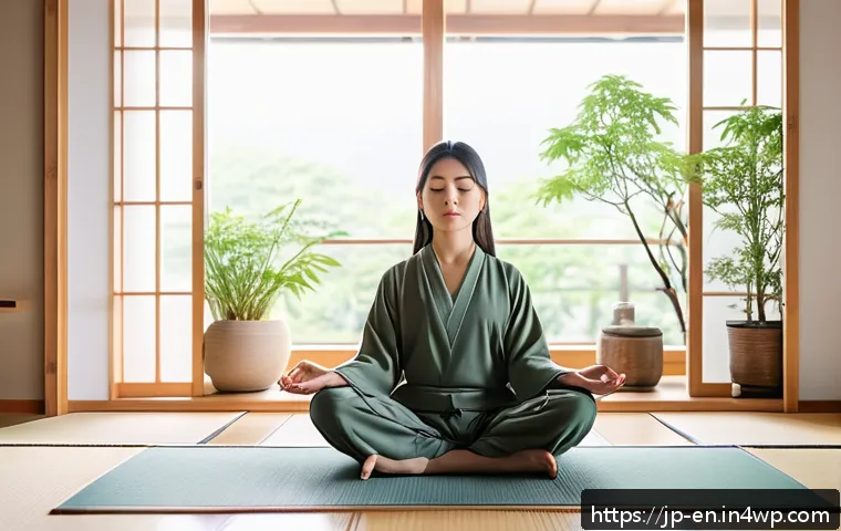 자기 수용을 위한 자기 연민 기르기 - A serene morning scene of a young Japanese woman practicing mindful breathing meditation by a large ...