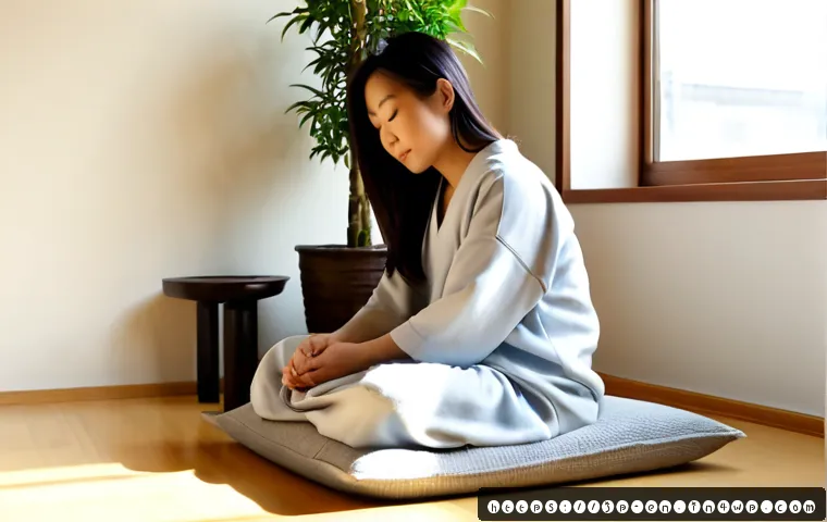 자기 수용을 위한 미니멀리즘 접근 - Photorealistic Japanese woman in her 40s sitting peacefully on a simple floor cushion in a sunlit mi...