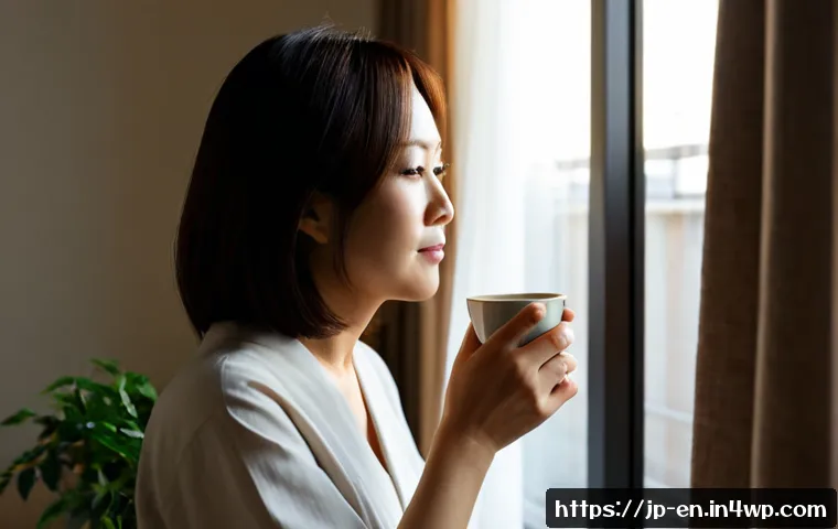 자기 수용을 위한 성찰의 시간 가지기 - Photorealistic Japanese woman in her late 30s sitting quietly beside a sunlit apartment window, gent...